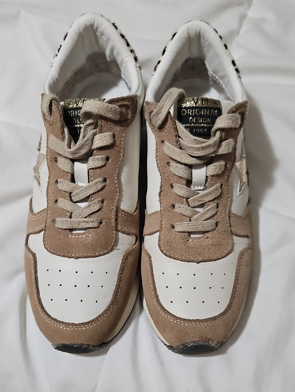 Vintage Havana Beige and White Suede-Trim Sneakers